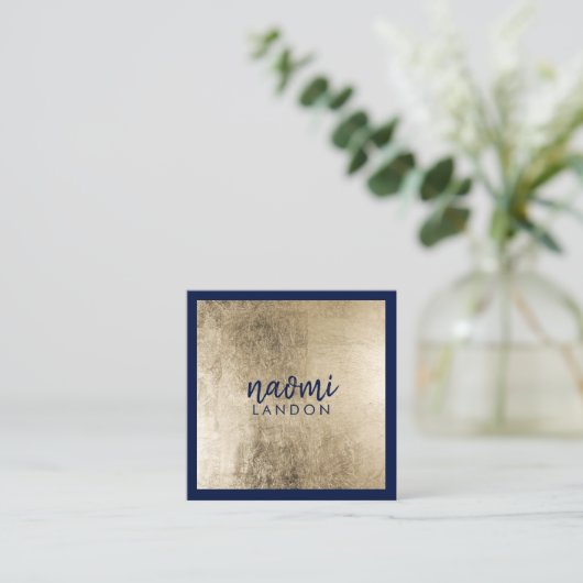 Elegante chique goud en marineblauw moderne minima vierkante visitekaartje (Staand voorkant)