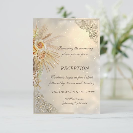 Elegante chique gouden boho bloemen bruiloftsrecep kaart (Staand voorkant)