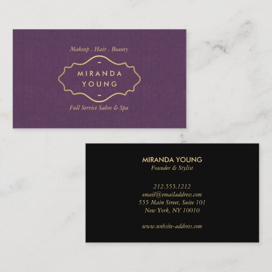 Elegante chique  gouden embleem Salon, Spa Paarse Visitekaartje (Voorkant / Achterkant)