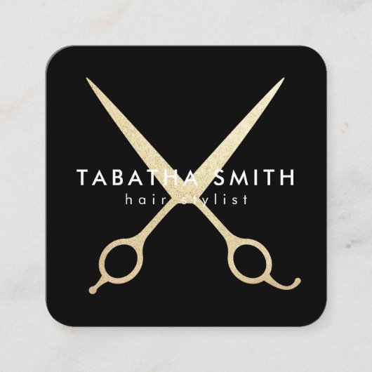 Elegante chique gouden folie schaar haarstylist zw vierkante visitekaartje (Voorkant)