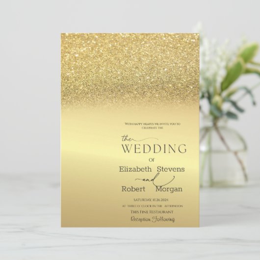 Elegante chique gouden glitter bokeh bruiloft uitn kaart (Staand voorkant)