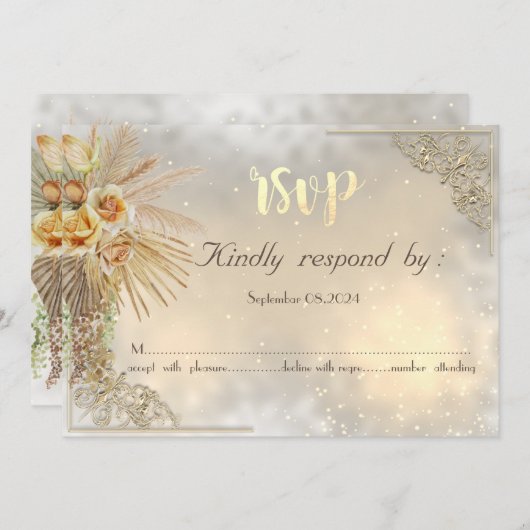 Elegante chique gouden harten Boho bloemen RSVP-ka Kaart (Voorkant / Achterkant)