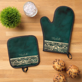 Elegante Chique Gouden Krullen Groen Ovenwant & Pannenlap Set