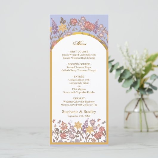 Elegante chique gouden lavendel Wildflower boog br Menu (Staand voorkant)