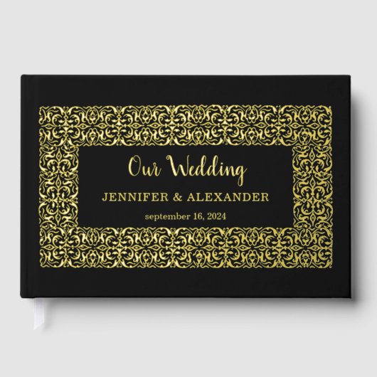 Elegante chique gouden lijst op zwart gouden folie gastenboek (Voorkant)