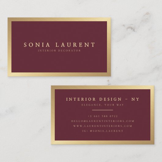 Elegante chique gouden metallic marsala rood minim visitekaartje (Voorkant / Achterkant)