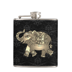 Elegante chique gouden olifant bloemmotief, zwart heupfles