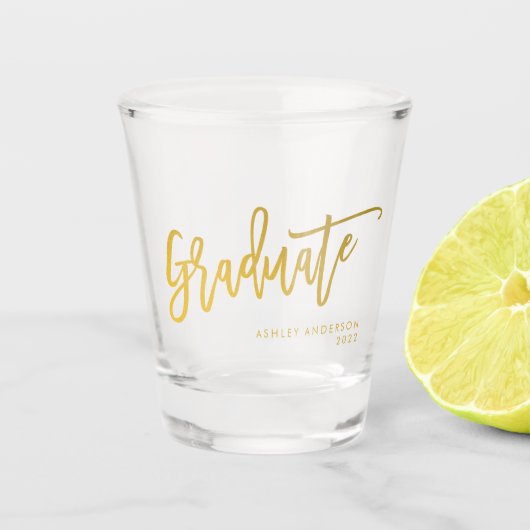 Elegante Chique Gouden Script Afstudeerfeest Shot Glas (Voorkant)