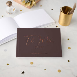 Elegante Chique Houtbruin & Roze Gouden Trouwfolie Gastenboek