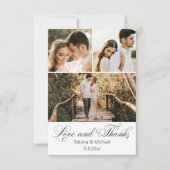 Elegante chique kalligrafie 3 foto's bruiloft bedankkaart (Voorkant)