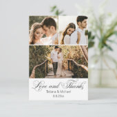 Elegante chique kalligrafie 3 foto's bruiloft bedankkaart (Staand voorkant)