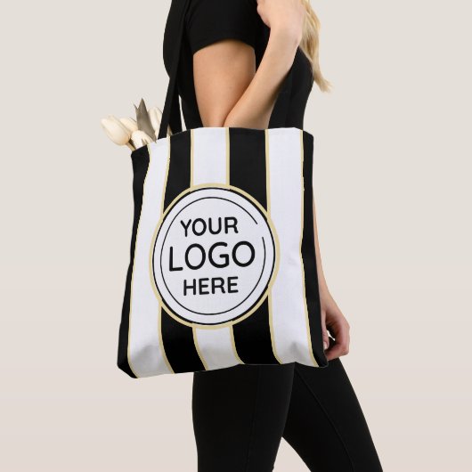 Elegante chique Logo B&W Golden Stripes Tote Bag (Dichtbij)