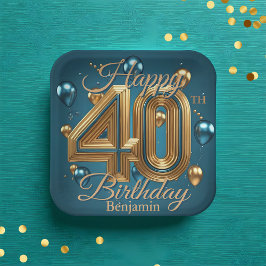 Elegante chique luxe blauw en goud 40e verjaardag papieren bordje