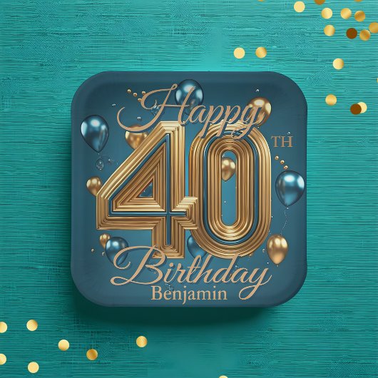 Elegante chique luxe blauw en goud 40e verjaardag papieren bordje