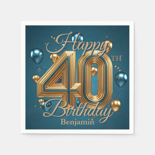 Elegante chique luxe blauw en goud 40e verjaardag servet (Voorkant)
