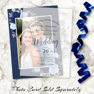 Elegante chique marine blauw script kalligrafie br vellum uitnodigingen
