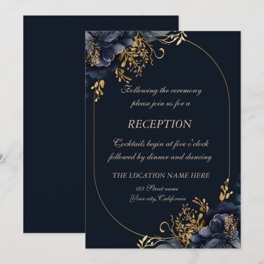 Elegante chique marine blauwe bloemen kaart (Voorkant / Achterkant)