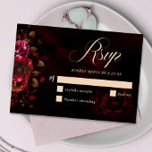 Elegante chique moody rood zwart bloemen bruiloft RSVP kaartje