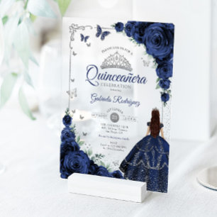 Elegante Chique Navy Rozen Zilver Quinceanera Acryl Uitnodigingen