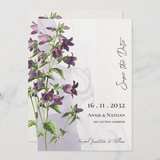 Elegante chique Paarse bloemenscript bruiloft Save The Date (Voorkant / Achterkant)