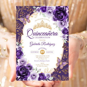 Elegante chique paarse gouden bloemige Quinceanera Kaart