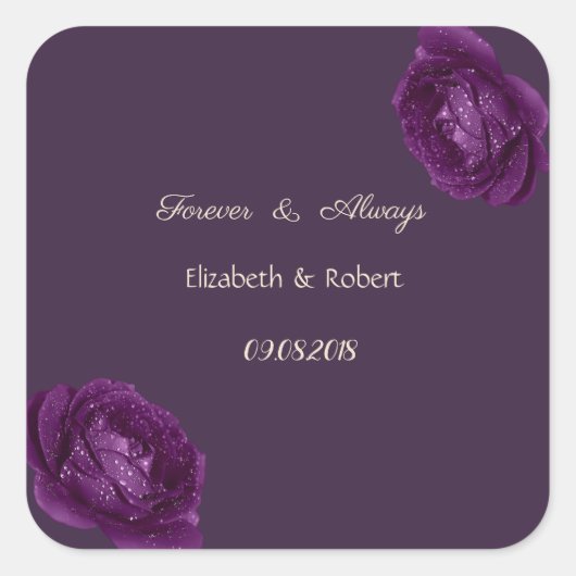 Elegante Chique Paarse Rozen Bruiloft Vierkante Sticker (Voorkant)