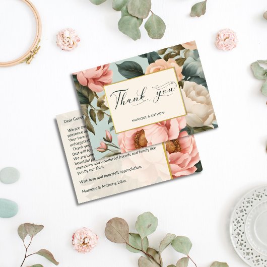 Elegante chique perzik pioen rozen bedankkaart