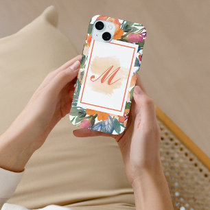 Elegante Chique Perzik Watercolor Bloemen Monogram iPhone 15 Mini Hoesje