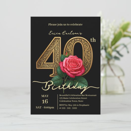 Elegante chique rode roos en gouden nummer 40e ver kaart (Staand voorkant)