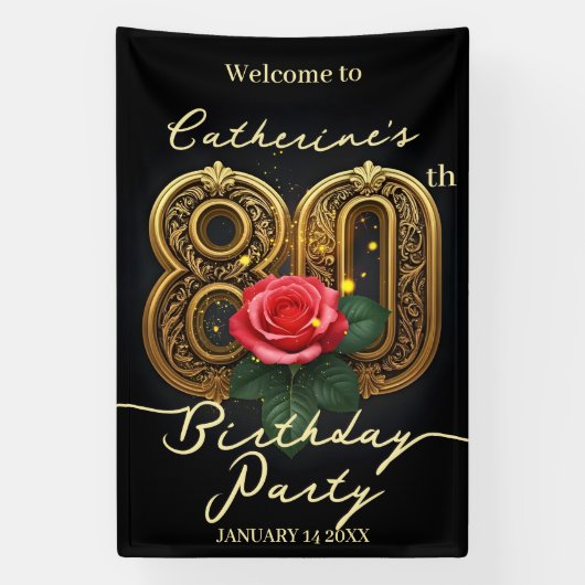 Elegante Chique Rode Roos Gouden Filigraan 80e Ver Spandoek (Verticaal)