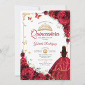 Elegante chique rode rozen goud quinceanera kaart (Voorkant)