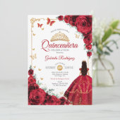 Elegante chique rode rozen goud quinceanera kaart (Staand voorkant)