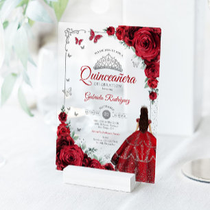 Elegante Chique Rode Rozen Zilveren Quinceanera Acryl Uitnodigingen