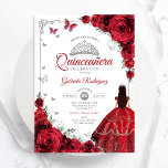 Elegante chique rode rozen zilveren quinceanera kaart<br><div class="desc">Rood,  zilver en wit Quinceanera viering uitnodiging. Beschikt over brunette meisje in baljurk jurk,  script lettertype,  zilveren vlinders,  rode rozen en tiara. Perfect voor een elegante prinses stijl glam viering. Personaliseer met je eigen gegevens. Gedrukte Zazzle-uitnodigingen of direct download digitale afdrukbare sjabloon.</div>