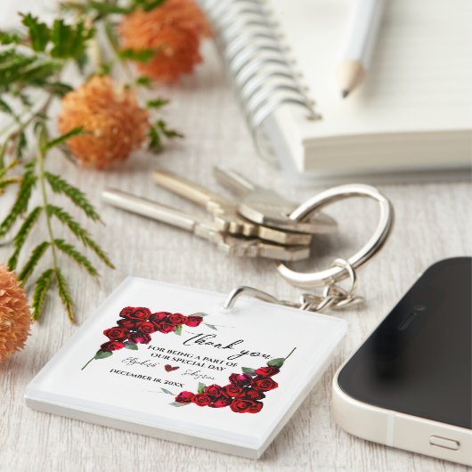 Elegante Chique Romantische Rode Rozen Bloem Sleutelhanger (Voorkant Rechts)