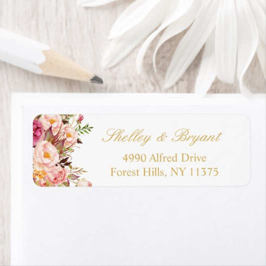 Elegante Chique Roze Bloem Gouden Bruiloft Etiket (Insitu)