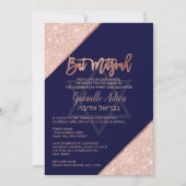 Elegante Chique Roze Goud Navy Blauwe Bat Mitzvah Kaart (Voorkant)