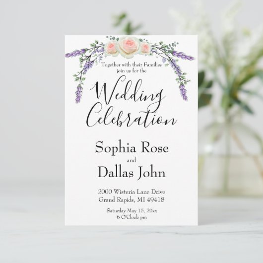 Elegante chique roze roos Lavendel Eucalyptus Wedd Kaart (Staand voorkant)