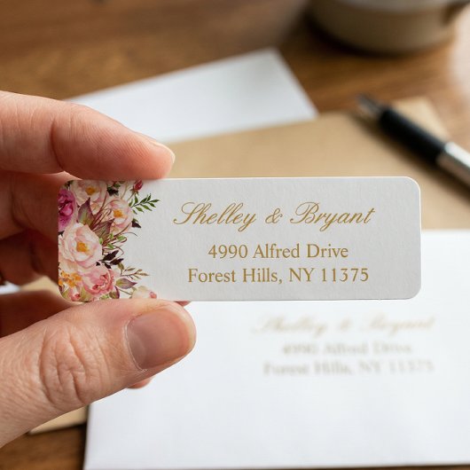 Elegante Chique Roze Roze Bloem Gouden Bruiloft Etiket