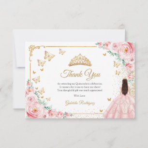 Elegante Chique Roze Rozen Gouden Quinceanera Bedankkaart