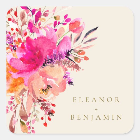 Elegante Chique Roze Waterverf Bloem Bruiloft Crèm Vierkante Sticker (Voorkant)