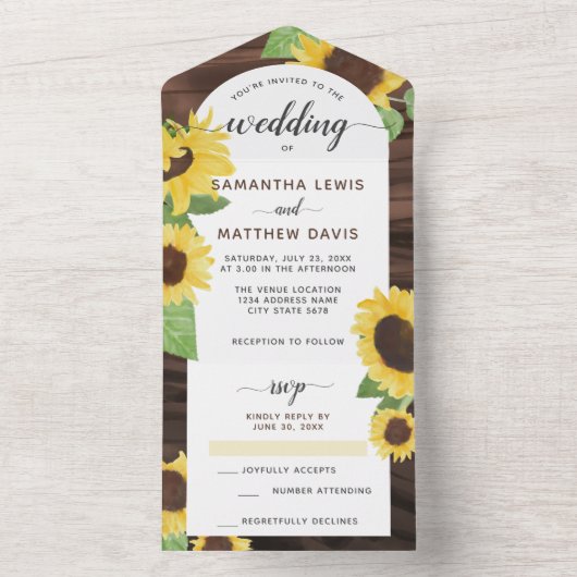 Elegante chique rustieke zonnebloem bruiloft all in one uitnodiging (Binnen)