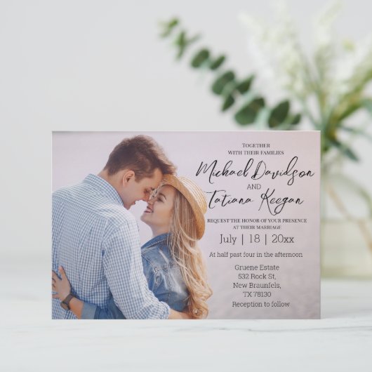 Elegante chique script paar foto bruiloft kaart (Staand voorkant)