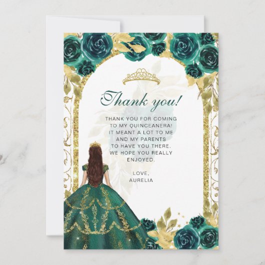 Elegante chique smaragd bloemige foto Quinceañera Bedankkaart (Voorkant)