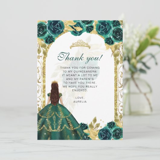 Elegante chique smaragd bloemige foto Quinceañera Bedankkaart (Staand voorkant)