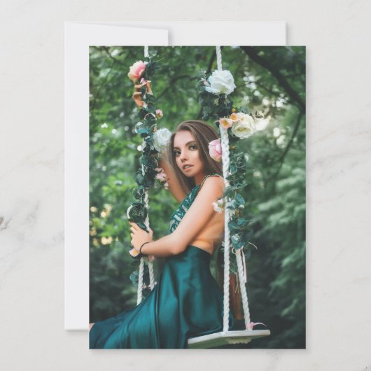 Elegante chique smaragd bloemige foto Quinceañera Bedankkaart (Achterkant)