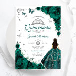Elegante chique smaragdgroene bloemenquinceanera kaart<br><div class="desc">Smaragdgroen,  zilver en wit Quinceanera viering uitnodiging. Beschikt over brunette meisje in baljurk jurk,  script lettertype,  zilveren vlinders,  groene rozen en tiara. Perfect voor een elegante prinses stijl glam viering. Personaliseer met je eigen gegevens. Gedrukte Zazzle-uitnodigingen of direct download digitale afdrukbare sjabloon.</div>