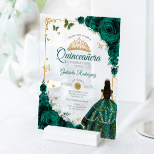 Elegante chique smaragdgroene rozen gouden Quincea Acryl Uitnodigingen
