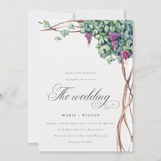Elegante chique Waterverf Grapevine Bruiloft Kaart (Voorkant)