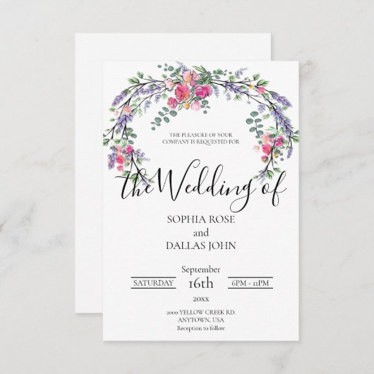 Elegante chique waterverf lavendel Roze roos Weddi Kaart (Voorkant / Achterkant)